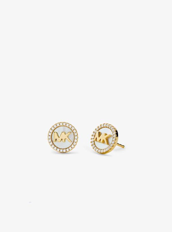 Damske Nausnice Michael Kors Precious Metal-Plated Sterling Silver Pavé Logo Stud Zlate - Šperky Michael Kors Nejlevnejsi | QAGCX-8524